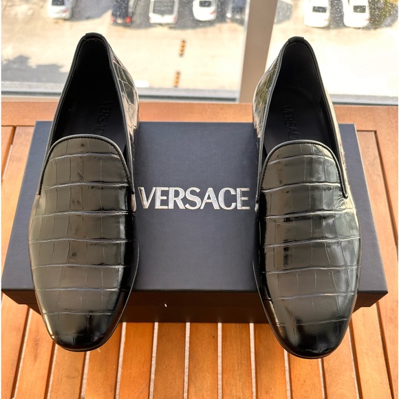 💯 - New Authentic Versace Men Croc Embossed Calfskin Smoking Slipper - Picture 11 of 16